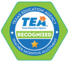 Hexagonal badge with a green border, "Texas Education Agency Recognized" in blue and white text, and a gold star. Emphasizes achievement and recognition.